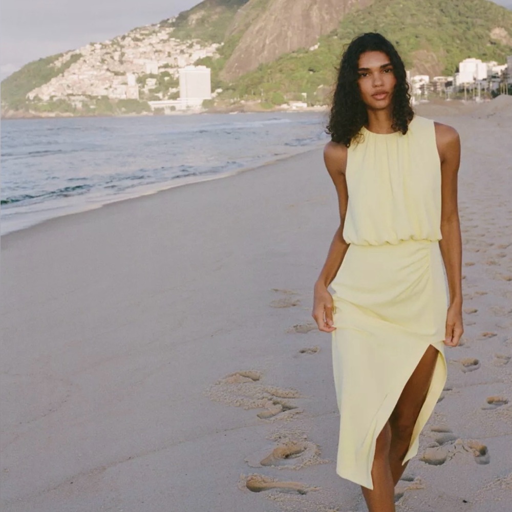 Zara Yellow Ruched Midi Dress